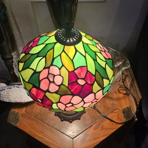 Tiffany Style Table Lamp Stained Slag Glass Hummingbird Floral Shade 19" Tall - Picture 2 of 3